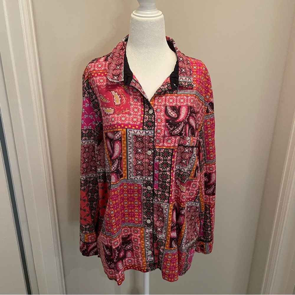 Victoria’s Secret Pink Black Print Button-up Pajama Shirt Top Women’s Size L